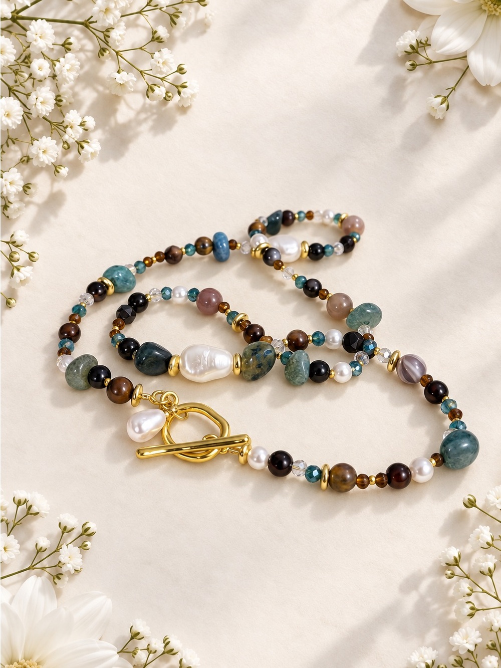 Handmade Multicolor Gemstone and Pearl Toggle Necklace